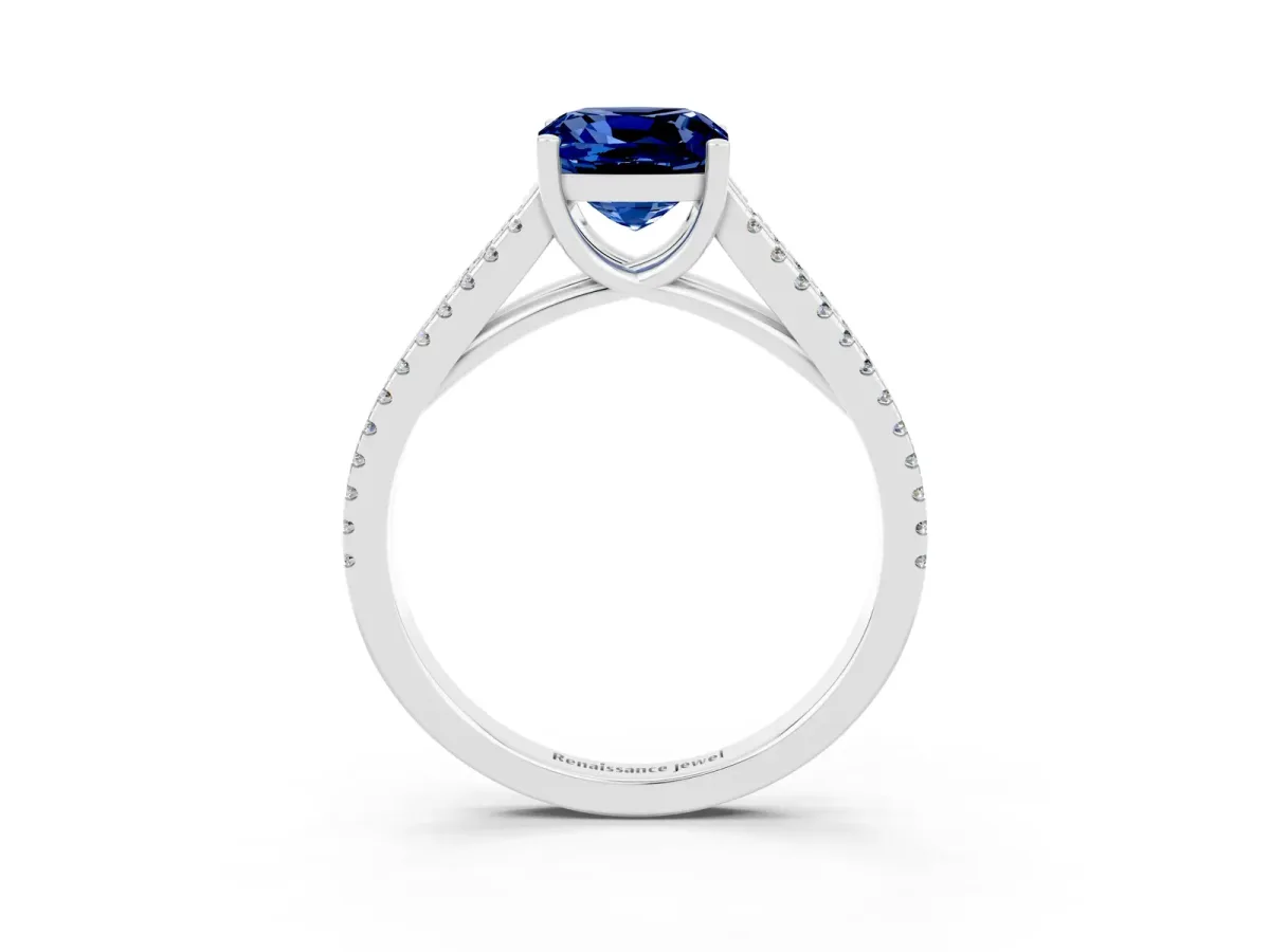 Cushion Cut Blue Sapphire Solitaire Engagement Ring with Split Shank Pavé Band Silver