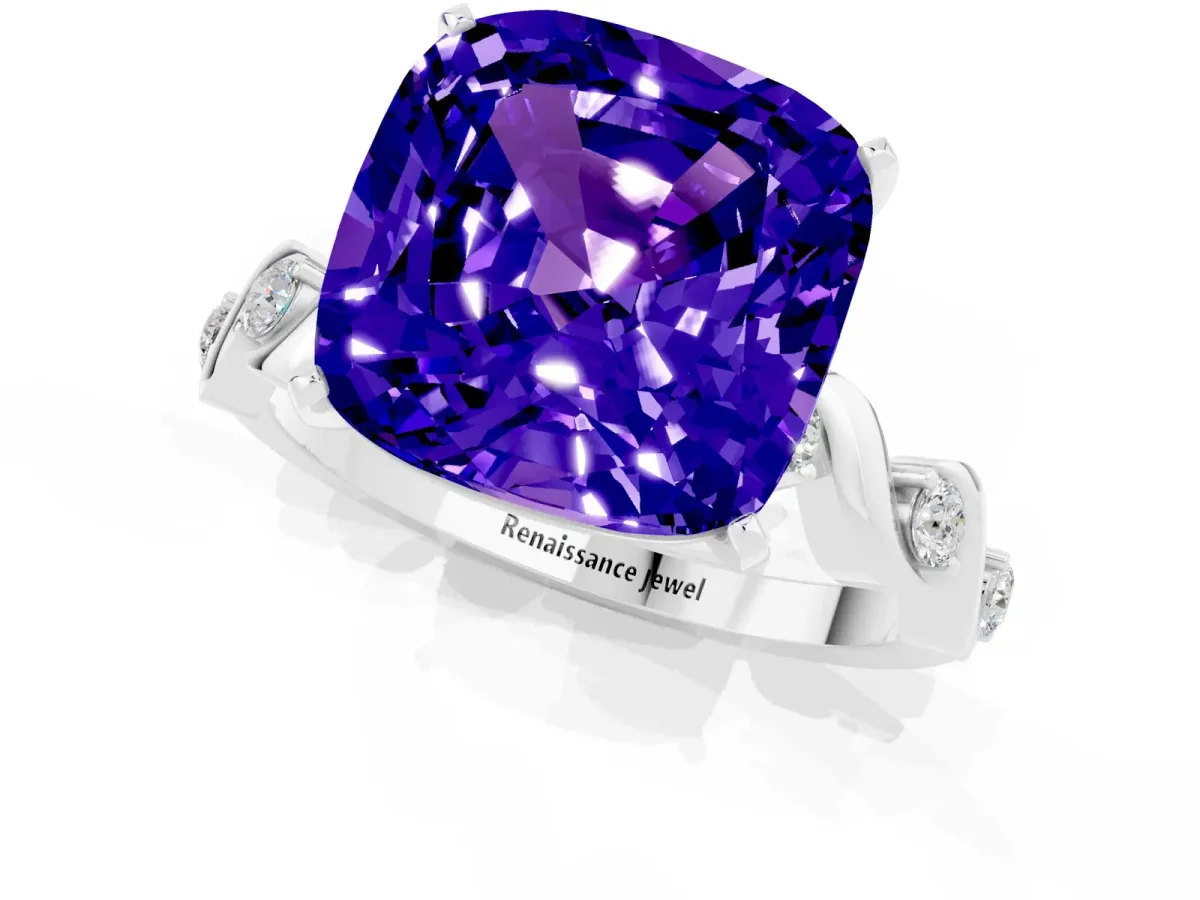 Cushion Cut Tanzanite Solitaire Twisted Band with Round Accents and Prong Setting White gold
