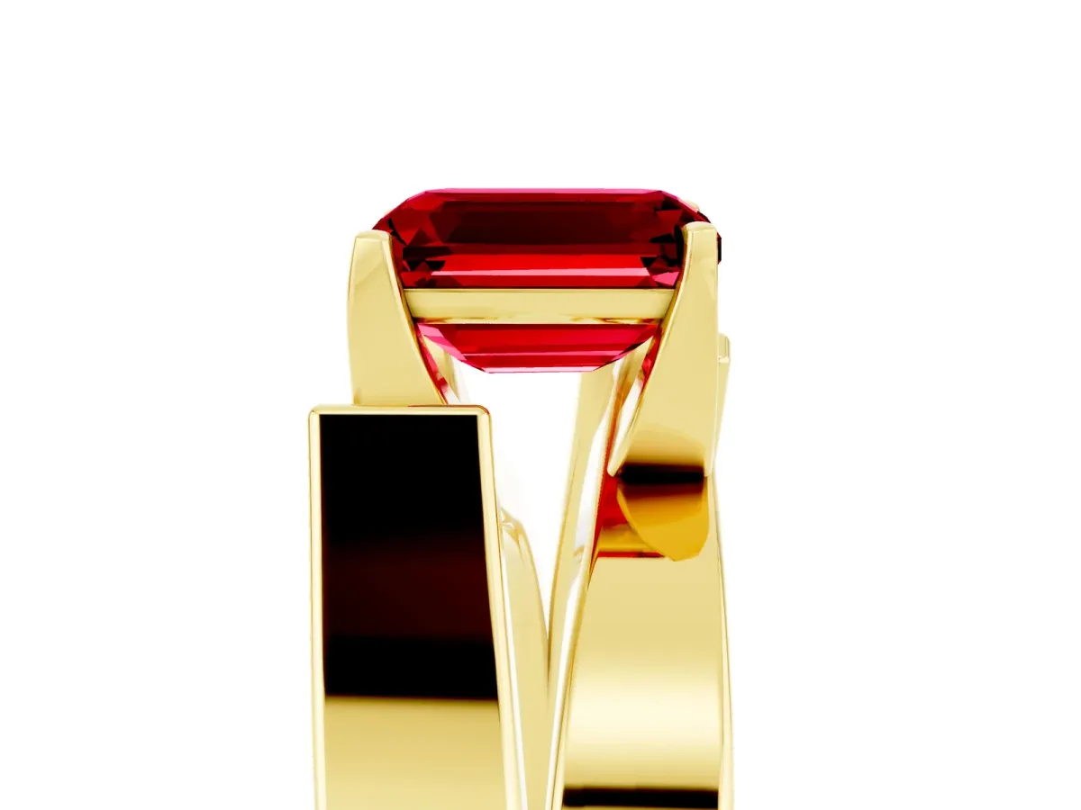 Modern Tension Set Emerald Cut Ruby Solitaire Wide Band Ring Yellow gold