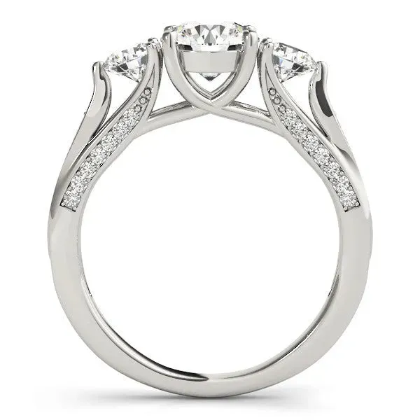Round Cut Brilliant Three-Stone Engagement Ring with Split Shank and Prong Setting Silver
