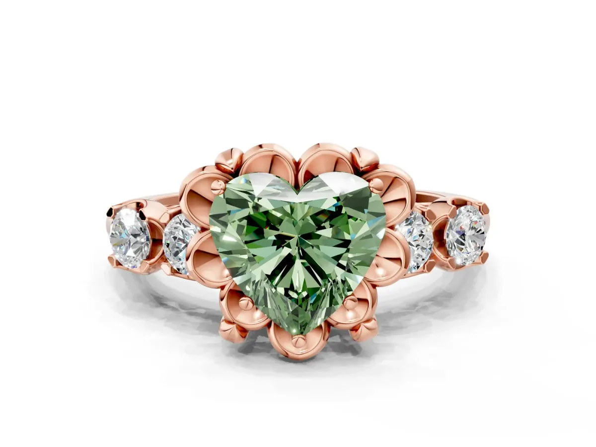 Fancy Green Heart Cut Cut Diamond Floral Halo Engagement Ring with Shared Prong Setting Rose gold