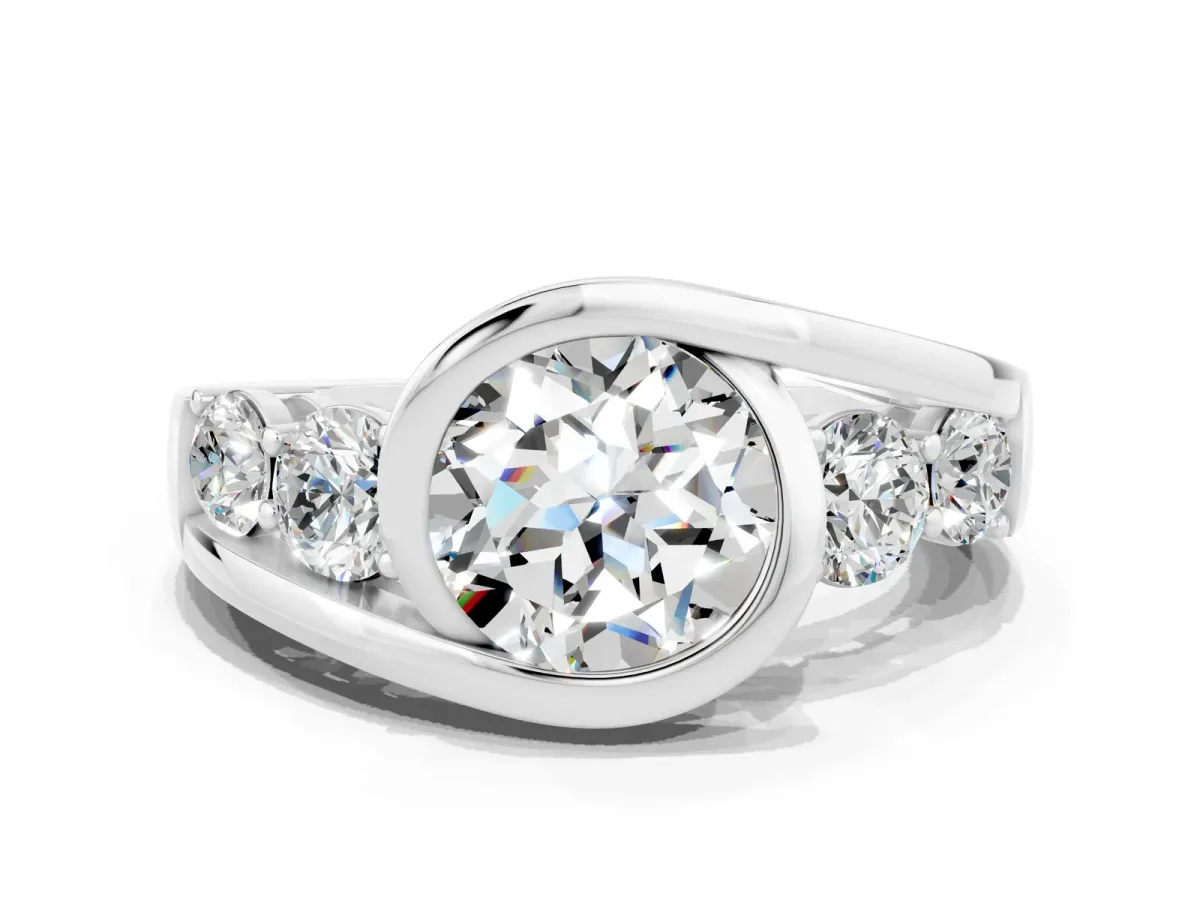 Bezel Set Round Cut Moissanite Bypass Ring with Round Accents Silver