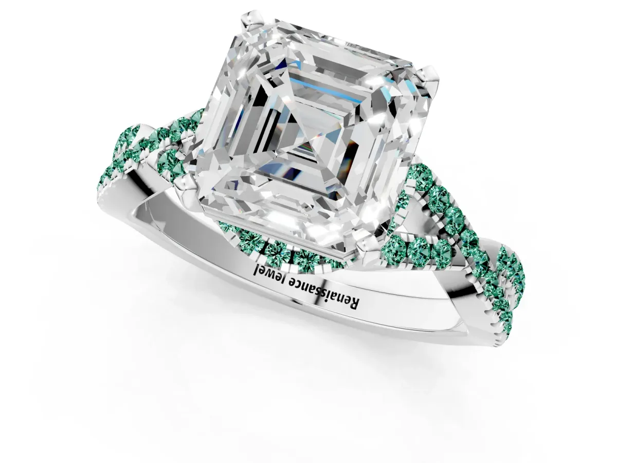 Asscher Cut Diamond Green Sapphire Halo Twist Band Solitaire Prong Setting Ring White gold