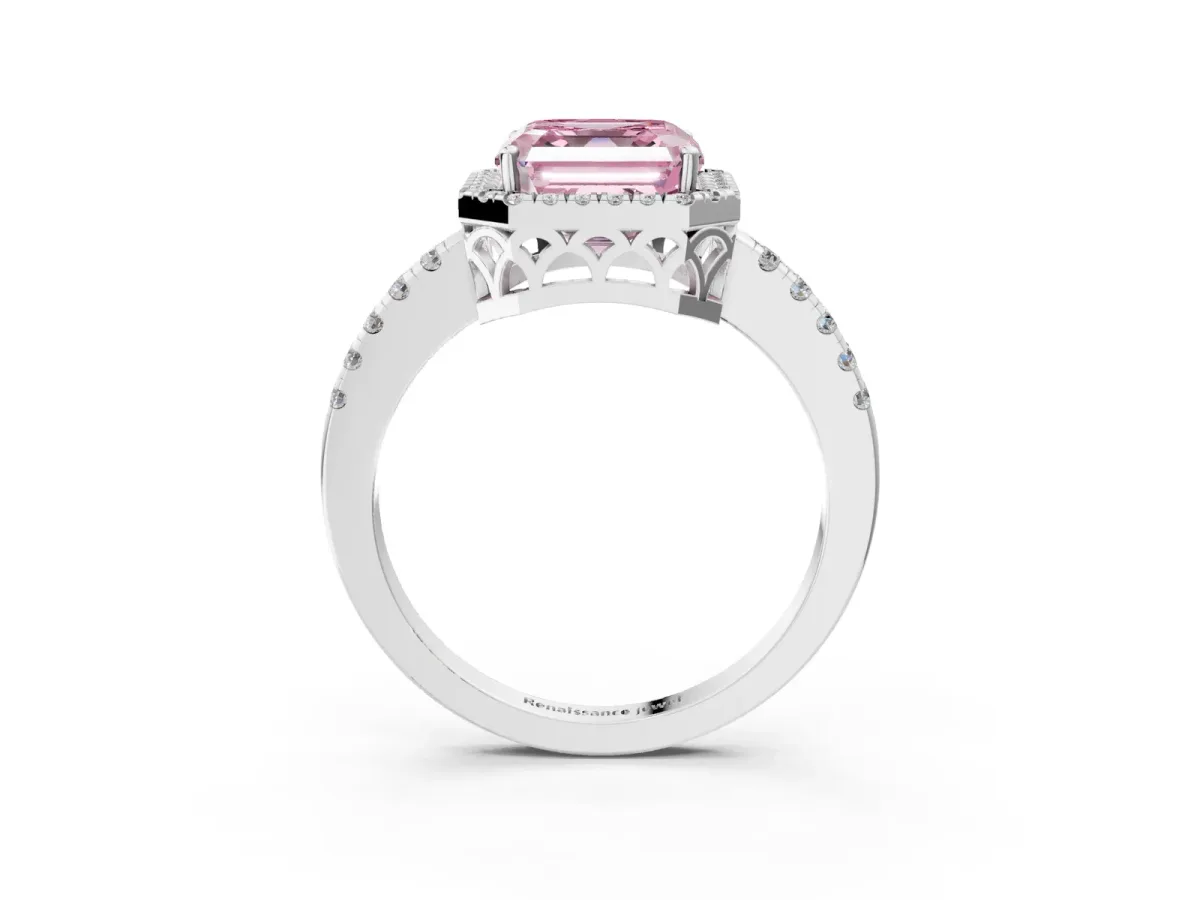 Fancy Pink Asscher Cut Halo Diamond Engagement Ring with Pavé Band and Four-Prong Setting Platinum