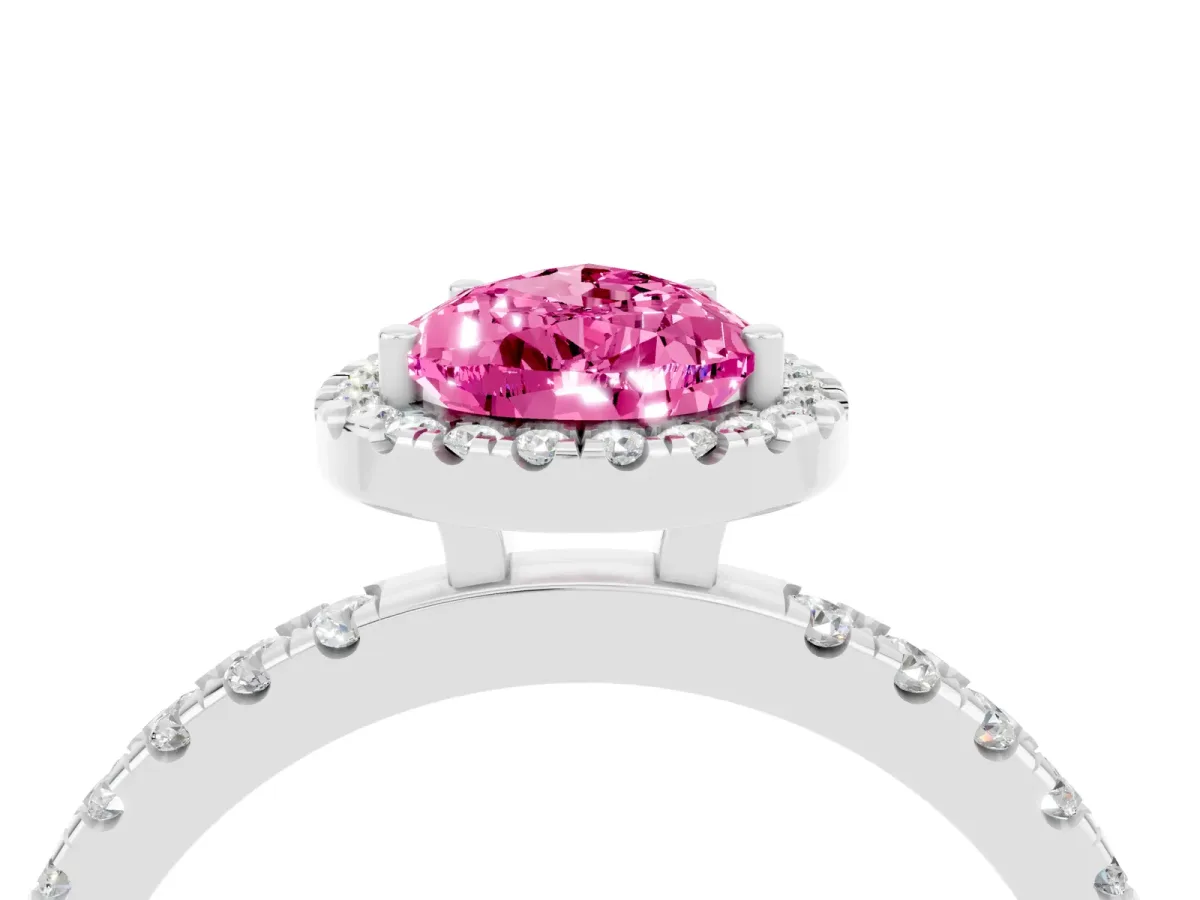 Pear Cut Pink Sapphire Classic Halo Engagement Ring with Round Pavé Band and Prong Setting Silver
