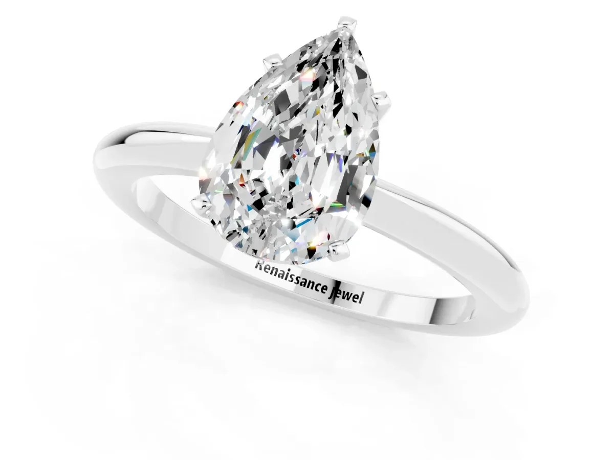 Pear Cut Moissanite Solitaire Ring with Six-Prong Setting and Classic Band Silver