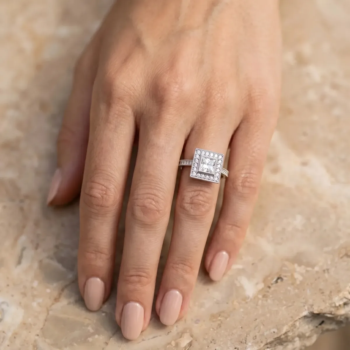 Princess Cut Cut Halo Pavé Diamond Ring Silver