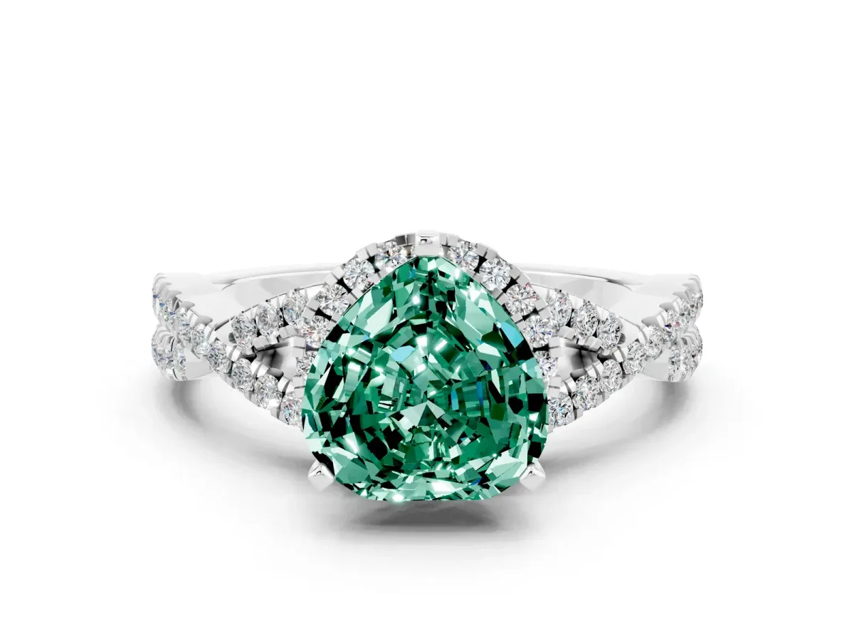 Heart Cut Green Sapphire Halo Twist Band Solitaire Prong Setting Ring White gold