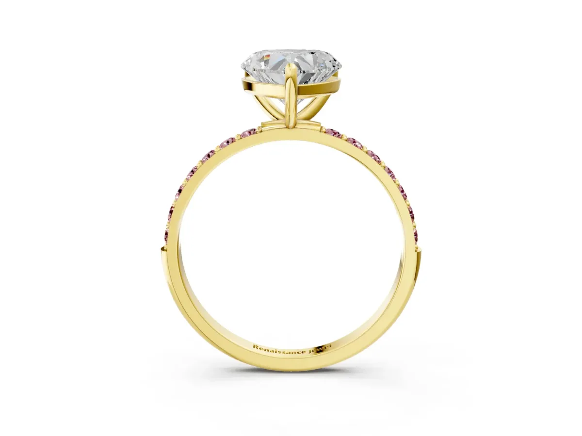 Heart Cut Diamond Solitaire Ring with Round Morganite Pavé Band and Prong Setting Yellow gold