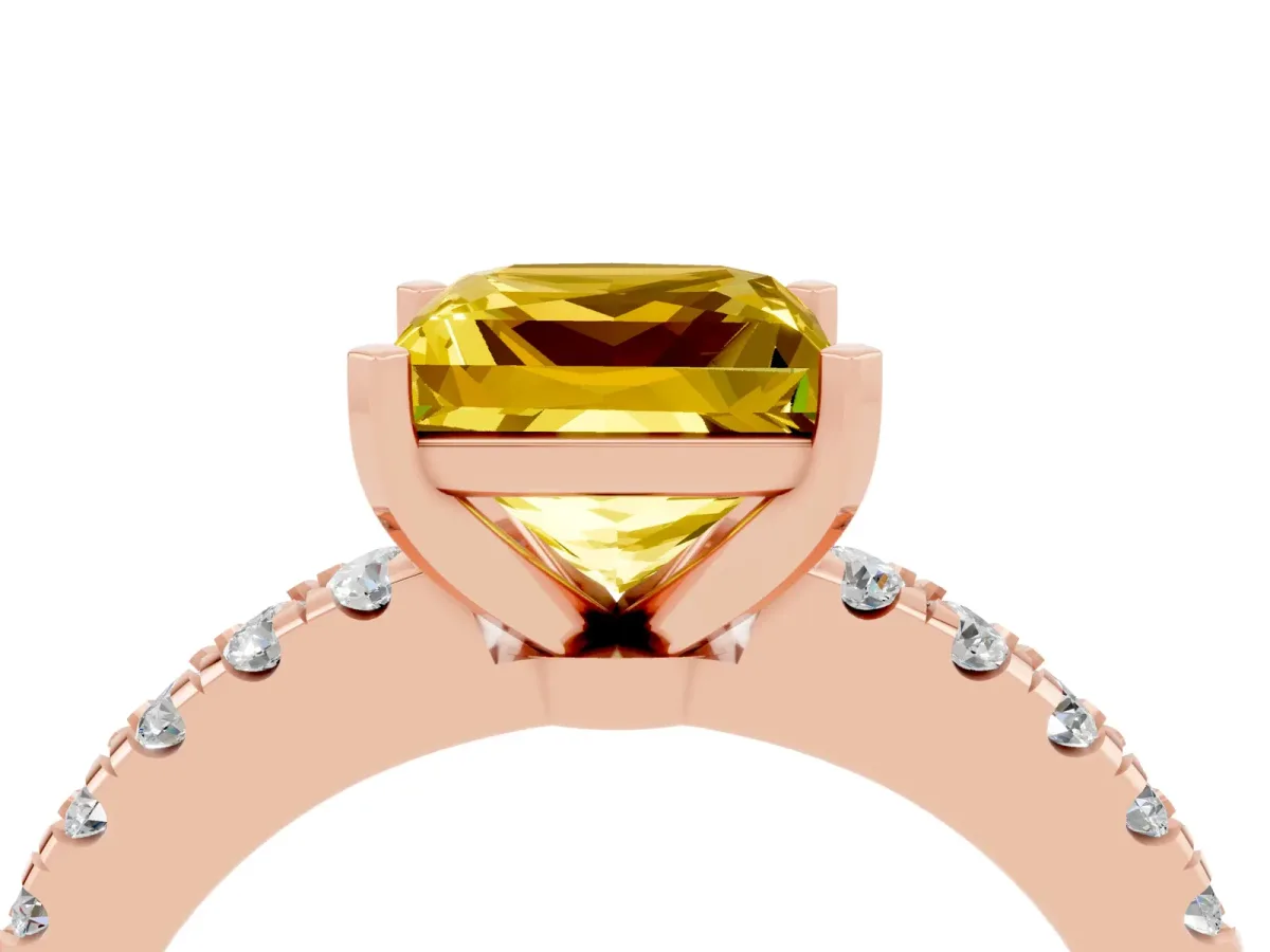 Princess Cut Solitaire Yellow Sapphire with Pavé Band and Four-Prong Setting Rose gold
