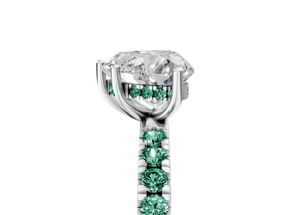 Heart Cut Diamond Pave Band Solitaire Ring with Round Green Sapphire and Prong Setting White gold