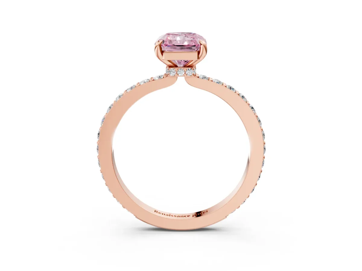 Fancy Pink Radiant Cut Diamond Solitaire Engagement Ring with Pavé Band and Four-Prong Setting Rose gold