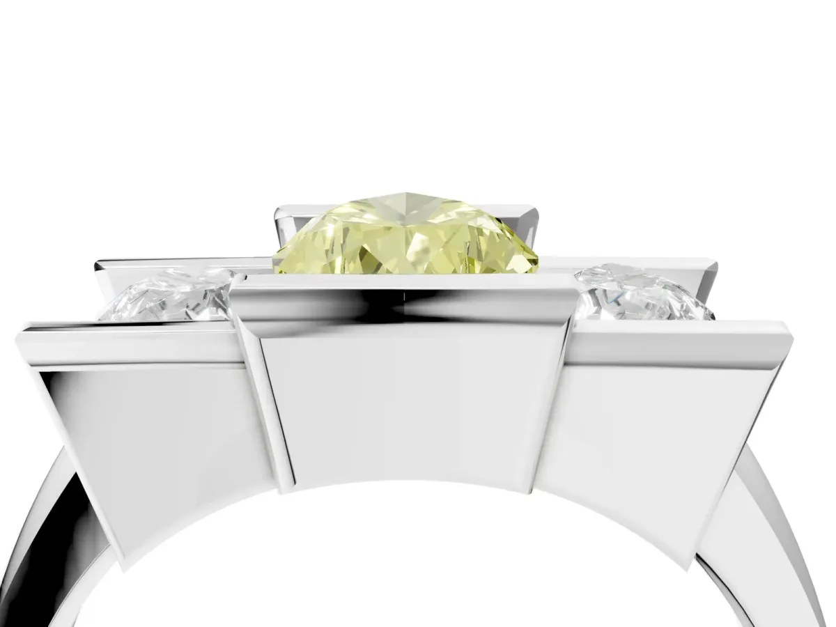 Fancy Yellow Three Stone Pear Cut Cut Channel Set Diamond Ring Silver