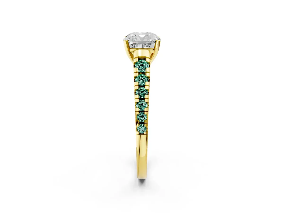 Cushion Cut Diamond Cathedral Solitaire Ring with Round Green Sapphire Pavé Band Yellow gold