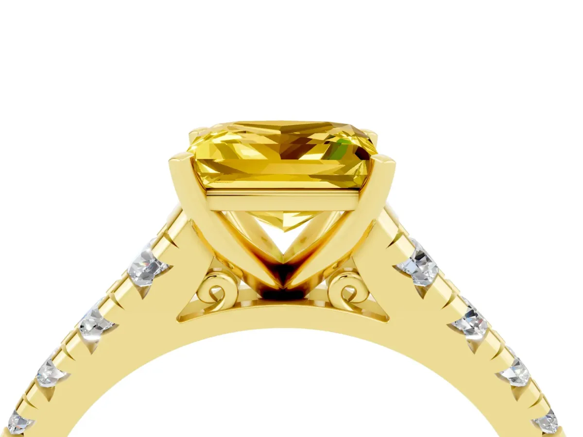Princess Cut Yellow Sapphire Cathedral Solitaire Ring with Round Pavé Band Yellow gold