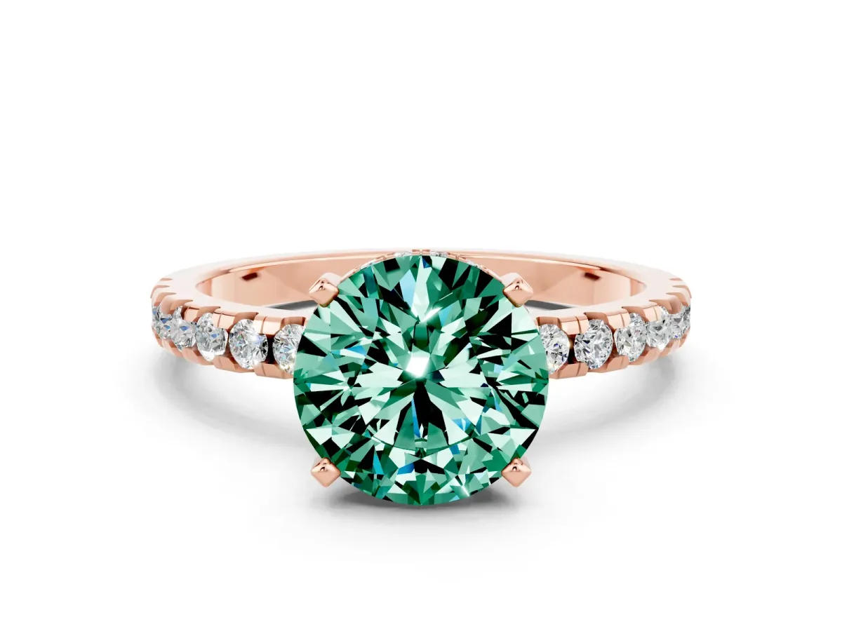 Round Cut Green Sapphire Solitaire Ring with Round Pavé Band and Four-Prong Setting Rose gold