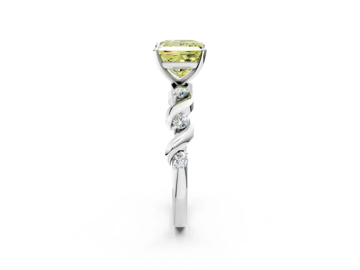 Fancy Yellow Princess Cut Diamond Solitaire Twisted Band with Round Accents and Prong Setting Platinum