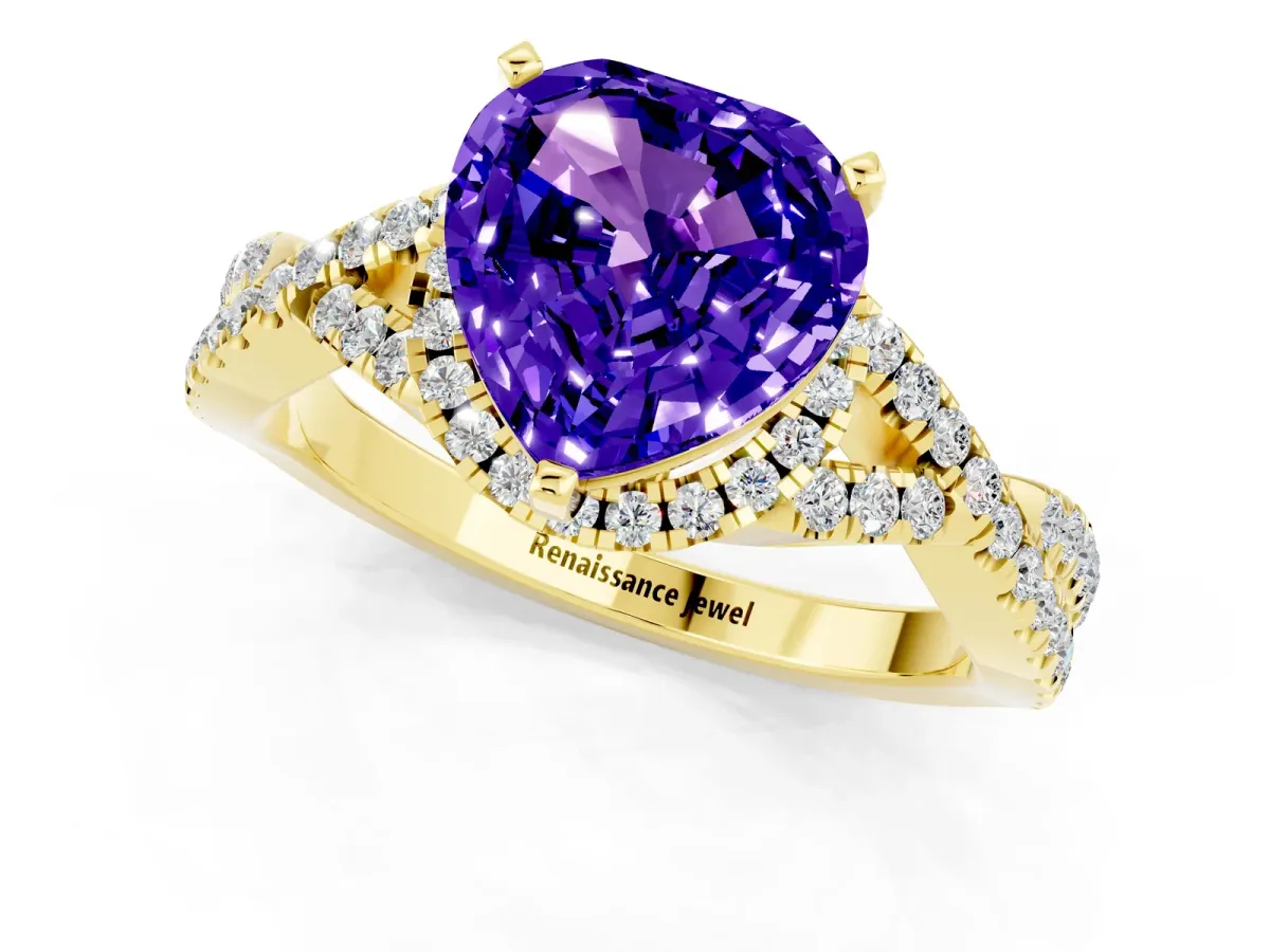 Heart Cut Tanzanite Halo Twist Band Solitaire Prong Setting Ring Yellow gold