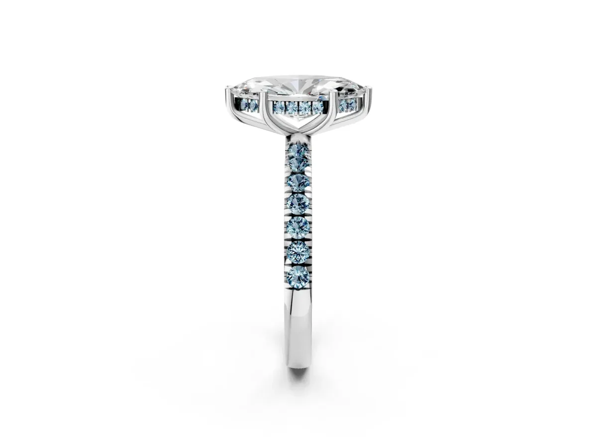 Marquise Cut Diamond Pave Band Solitaire Ring with Round Aquamarine and Prong Setting White gold