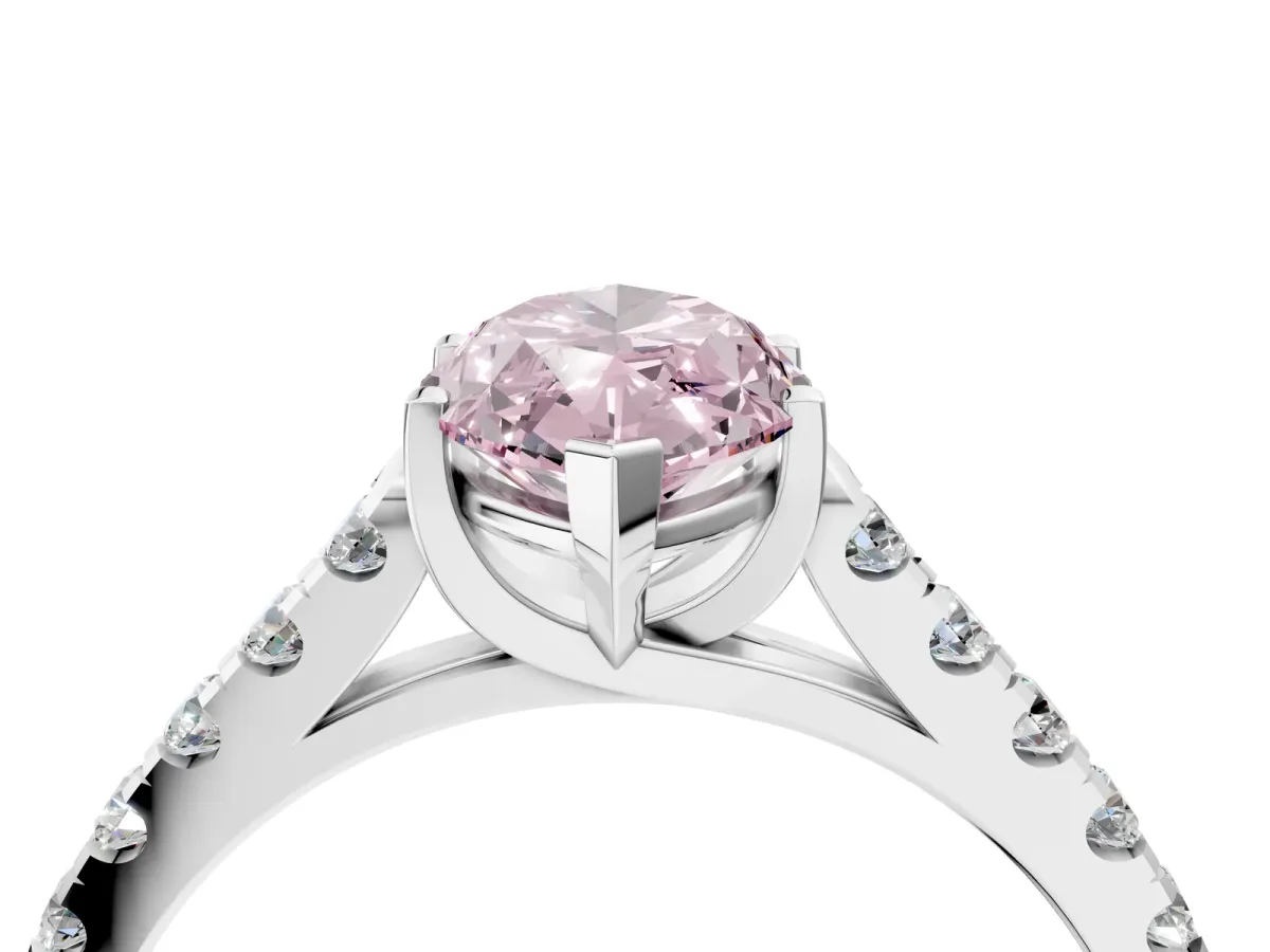 Fancy Pink Marquise Cut Diamond Pavé Band Solitaire Ring with Prong Setting Silver