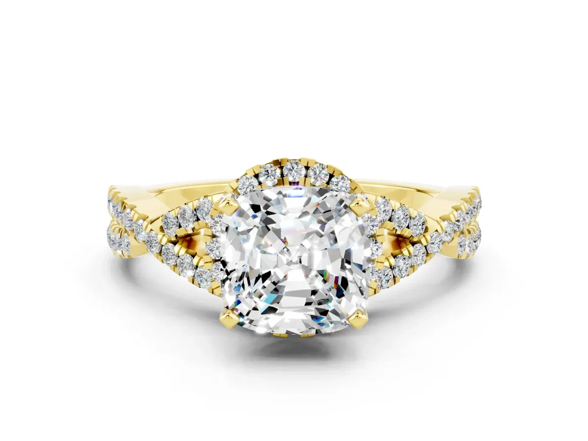 Cushion Cut Moissanite Halo Twist Band Solitaire Prong Setting Ring Yellow gold