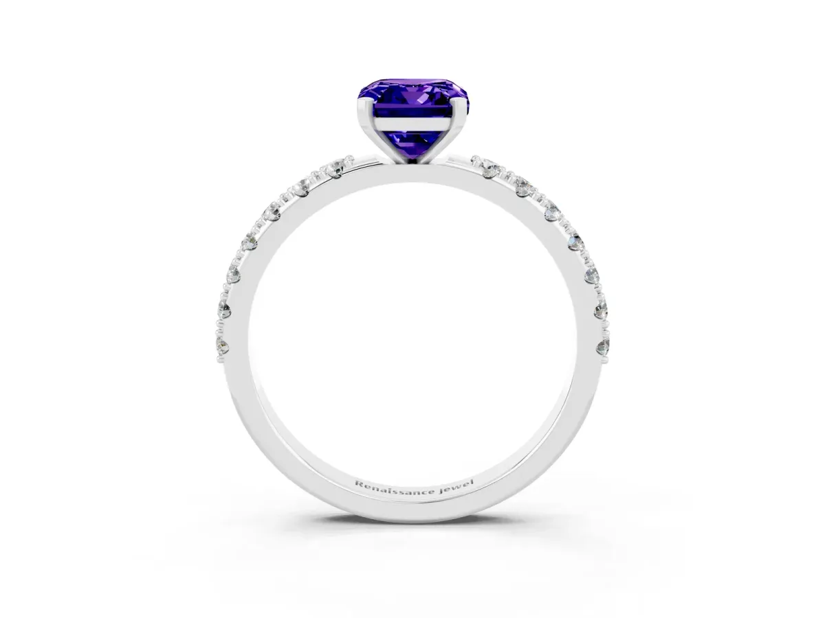 Emerald Cut Tanzanite Solitaire Pavé Band with Four-Prong Setting White gold