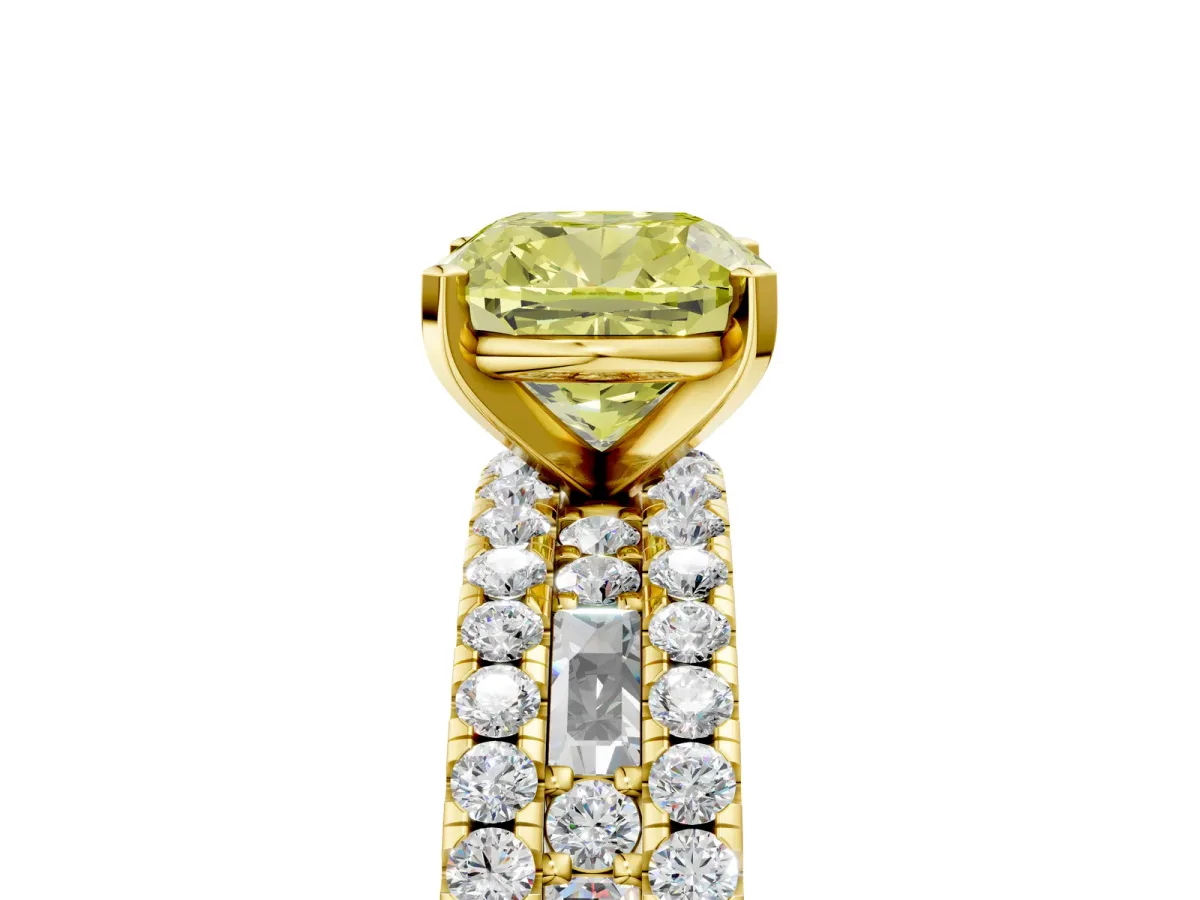 Fancy Yellow Cushion Cut Diamond Solitaire Ring with Pavé and Channel Set Band Yellow gold