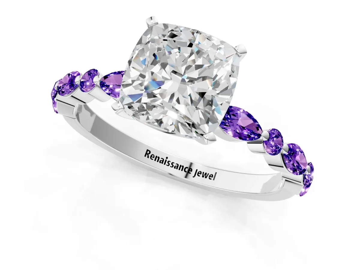 Cushion Cut Diamond Ring with Marquise and Round Tanzanite Side Stones and Four-Prong Setting White gold