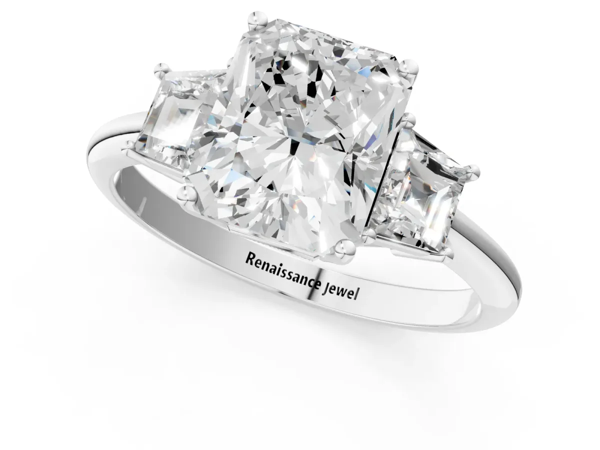 Radiant Cut Diamond Three-Stone Ring with Trapezoid Side Stones and Prong Setting Platinum