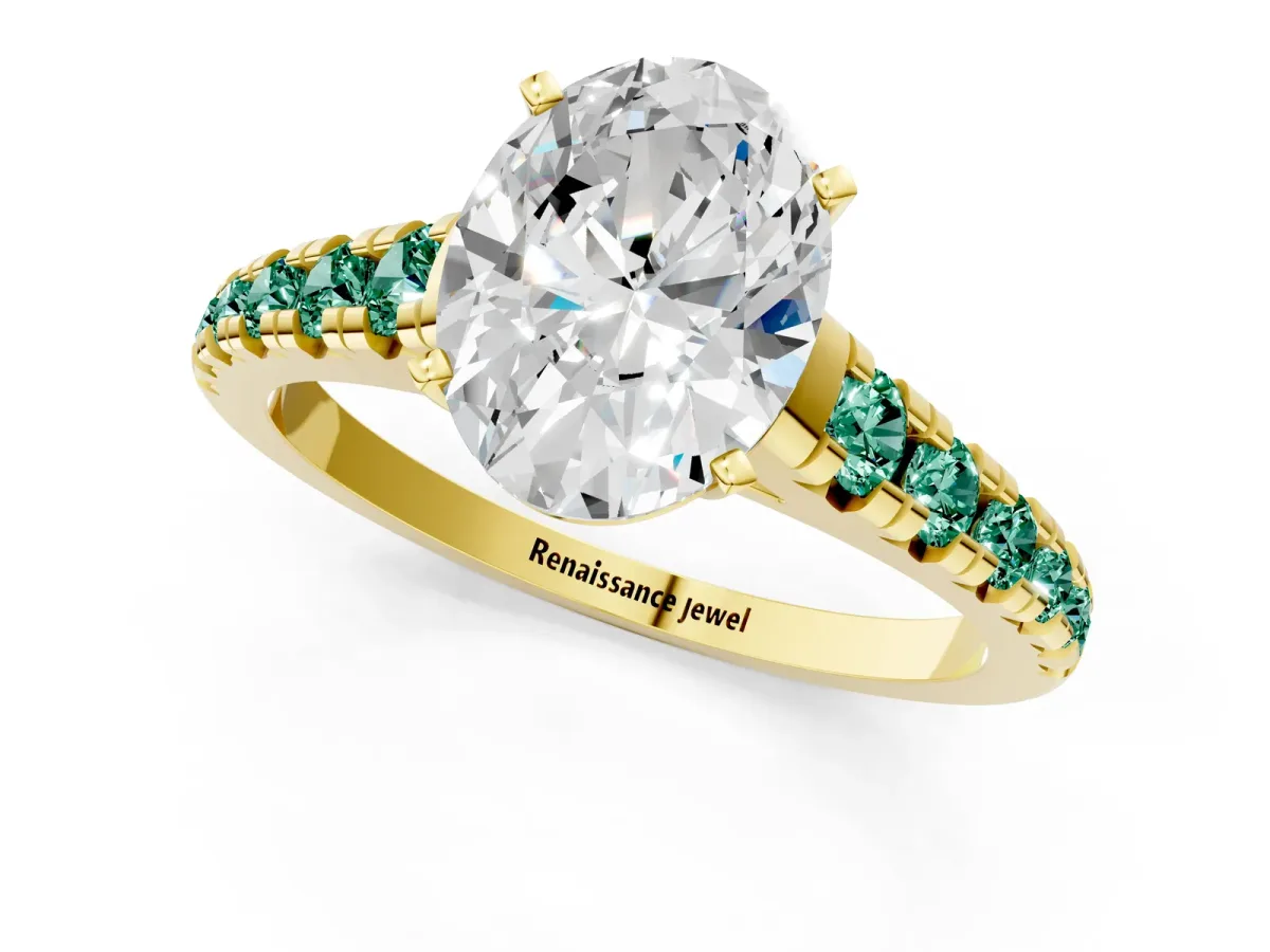 Oval Cut Diamond Cathedral Solitaire Ring with Round Green Sapphire Pavé Band Yellow gold