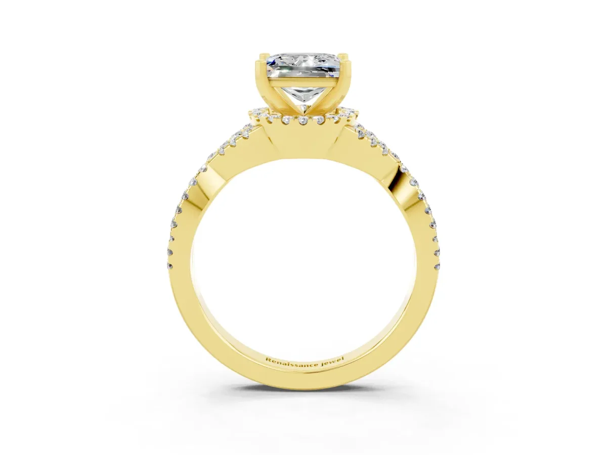 Princess Cut Moissanite Halo Twist Band Solitaire Prong Setting Ring Yellow gold