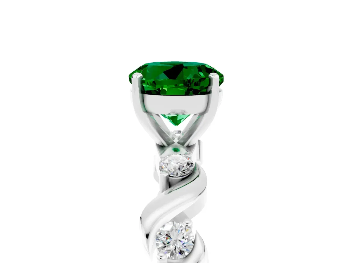Round Cut Emerald Solitaire Twisted Band with Round Accents and Prong Setting Silver