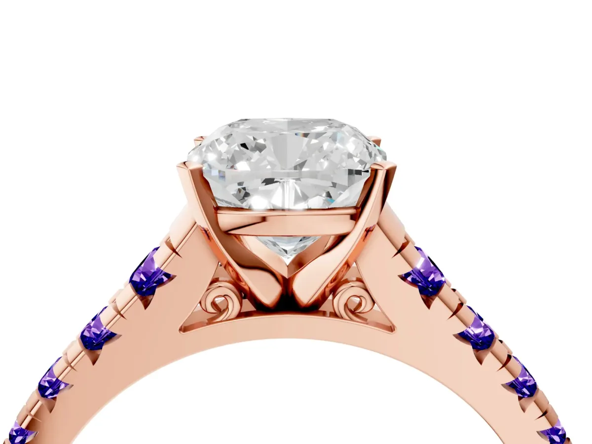 Cushion Cut Diamond Cathedral Solitaire Ring with Round Tanzanite Pavé Band Rose gold