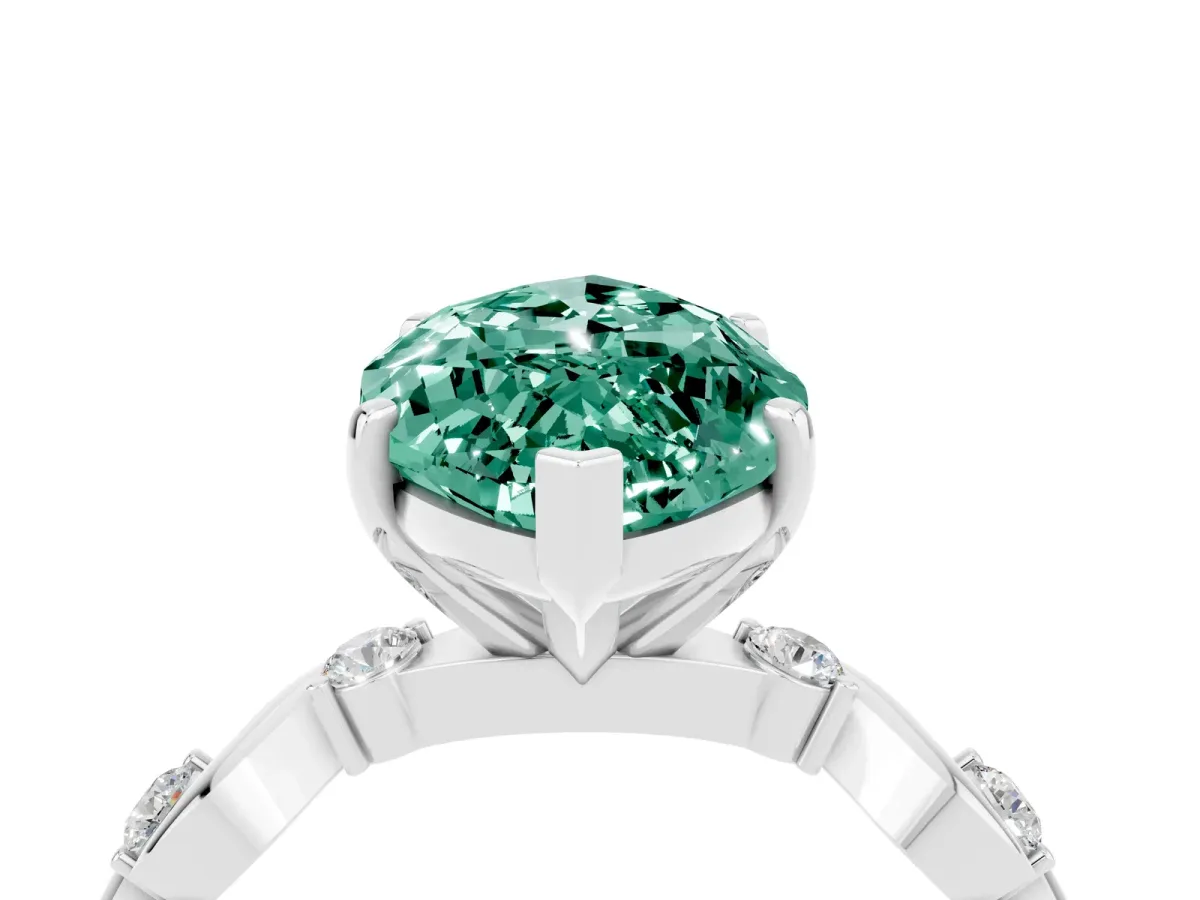 Marquise Cut Green Sapphire Solitaire Twisted Band with Round Accents and Prong Setting Platinum