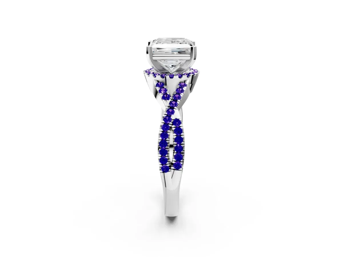 Princess Cut Diamond Tanzanite Halo Twist Band Solitaire Prong Setting Ring White gold