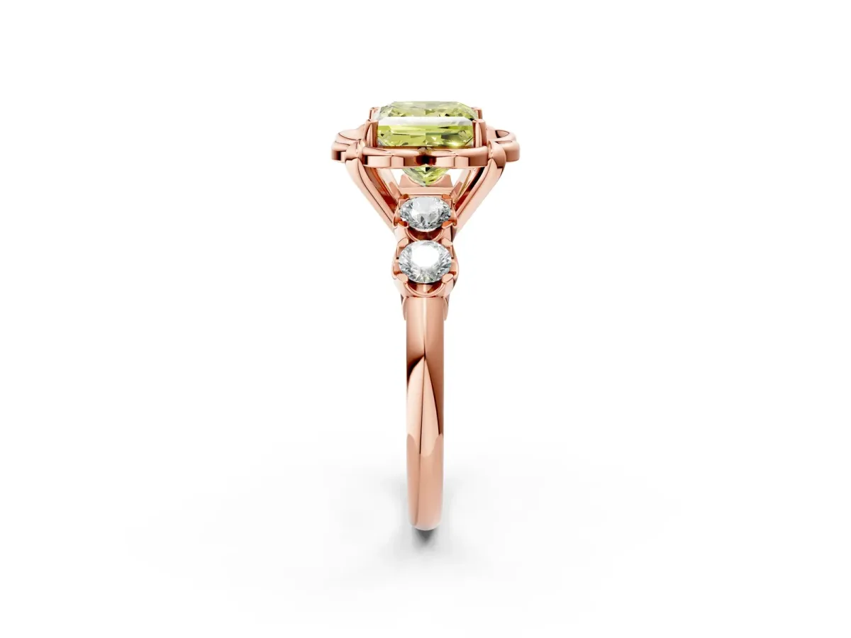 Fancy Yellow Princess Cut Cut Diamond Floral Halo Engagement Ring with Shared Prong Setting Rose gold