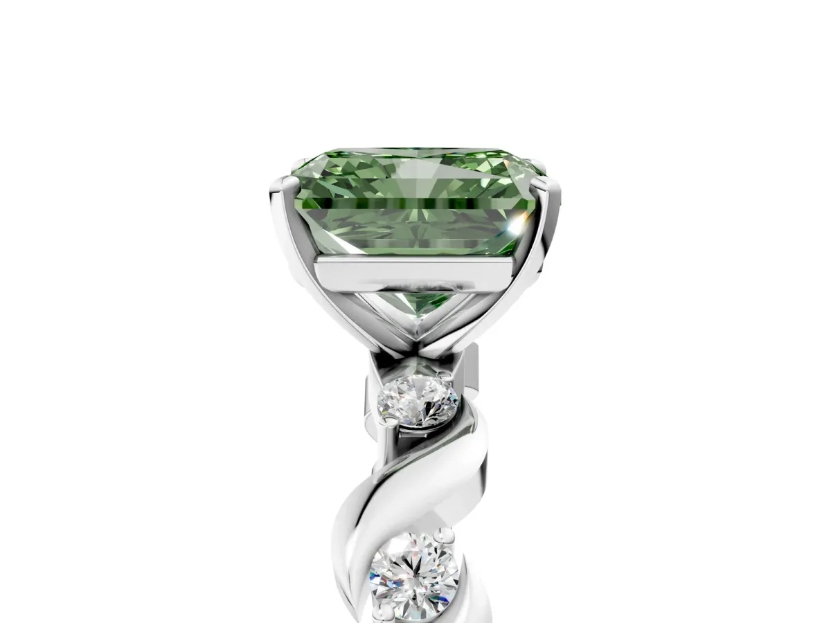 Fancy Green Radiant Cut Diamond Solitaire Twisted Band with Round Accents and Prong Setting White gold