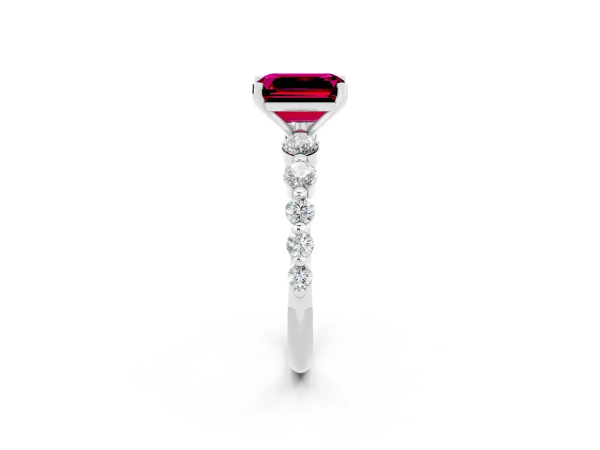 Emerald Cut Solitaire Garnet Ring with Pave Band and Four-Prong Setting Silver