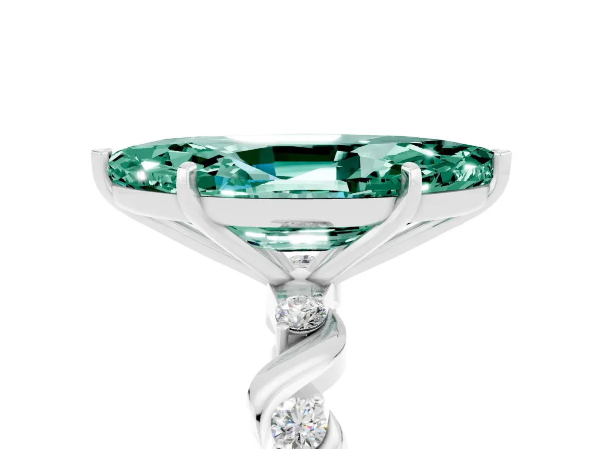 Marquise Cut Green Sapphire Solitaire Twisted Band with Round Accents and Prong Setting Platinum