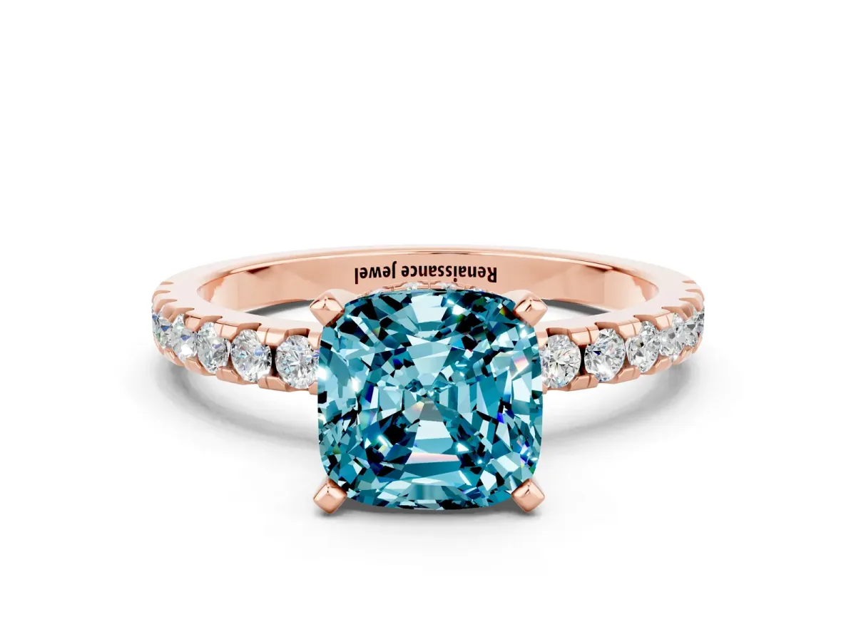 Cushion Cut Blue Topaz Solitaire Ring with Round Pavé Band and Four-Prong Setting Rose gold