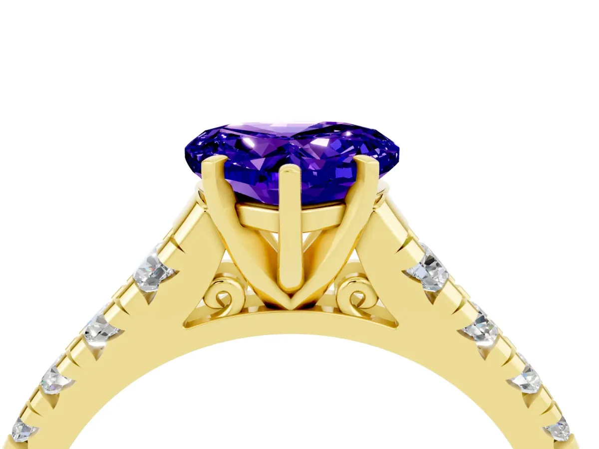 Heart Cut Tanzanite Cathedral Solitaire Ring with Round Pavé Band Yellow gold