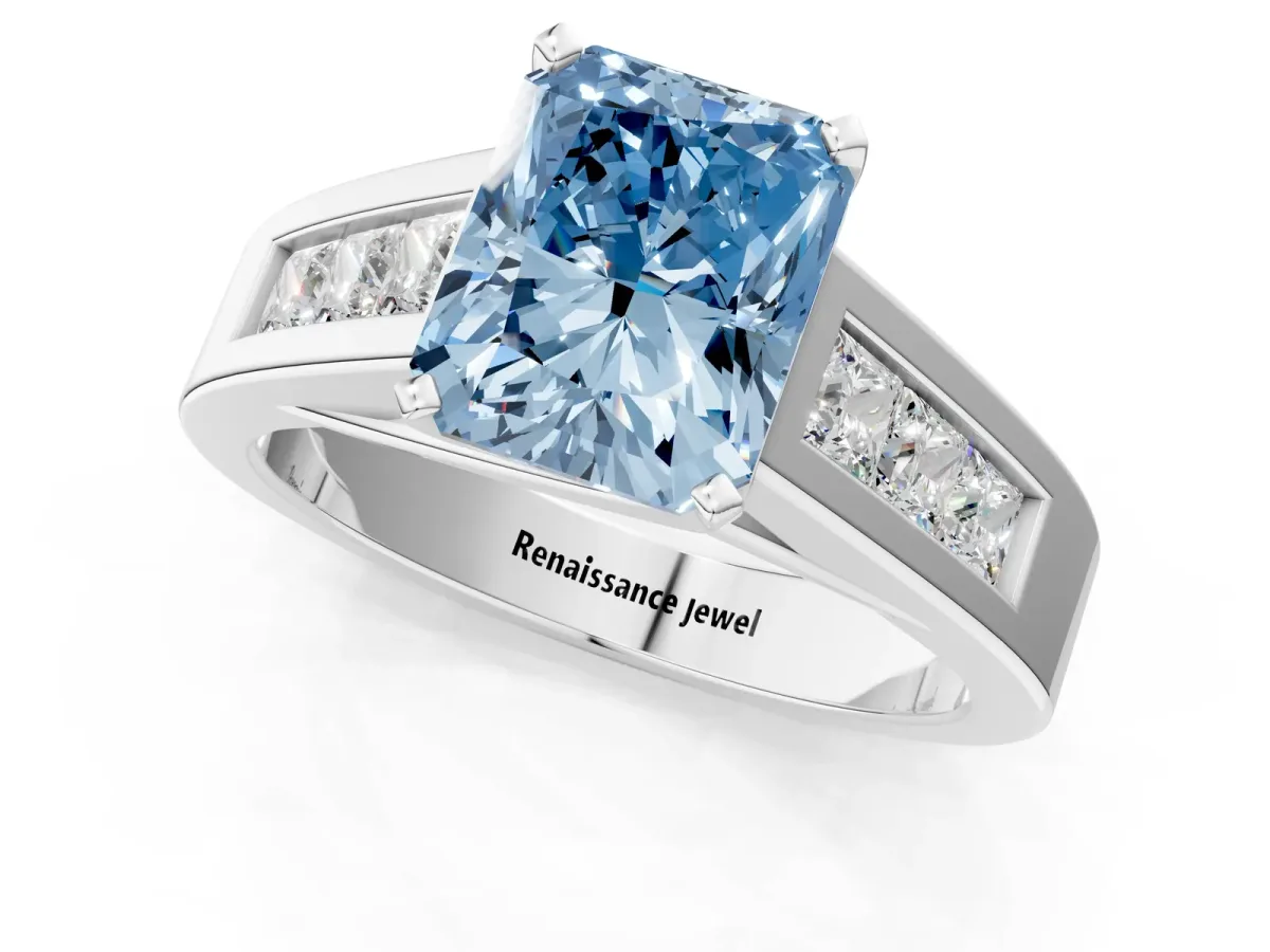 Fancy Blue Radiant Cut Cut Channel Set Solitaire Ring with Four-Prong Setting White gold