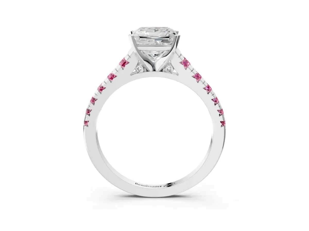 Princess Cut Diamond Cathedral Solitaire Ring with Round Pink Sapphire Pavé Band White gold