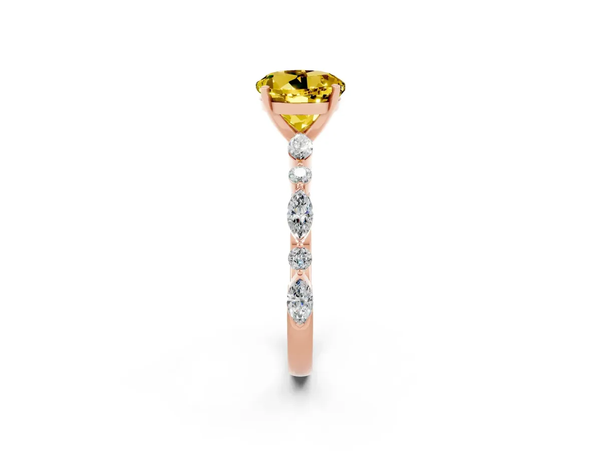 Round Cut Yellow Sapphire Ring with Marquise and Round Side Stones and Four-Prong Setting Rose gold