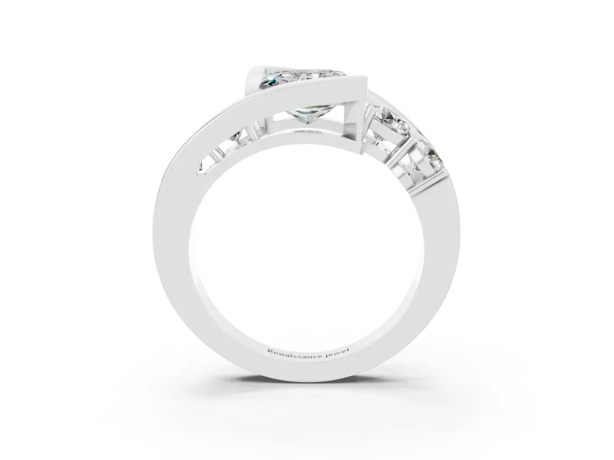 Bezel Set Princess Cut Moissanite Bypass Ring with Round Accents Silver