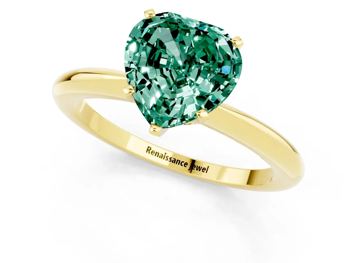 Heart Cut Green Sapphire Solitaire Ring with Six-Prong Setting and Classic Band Yellow gold