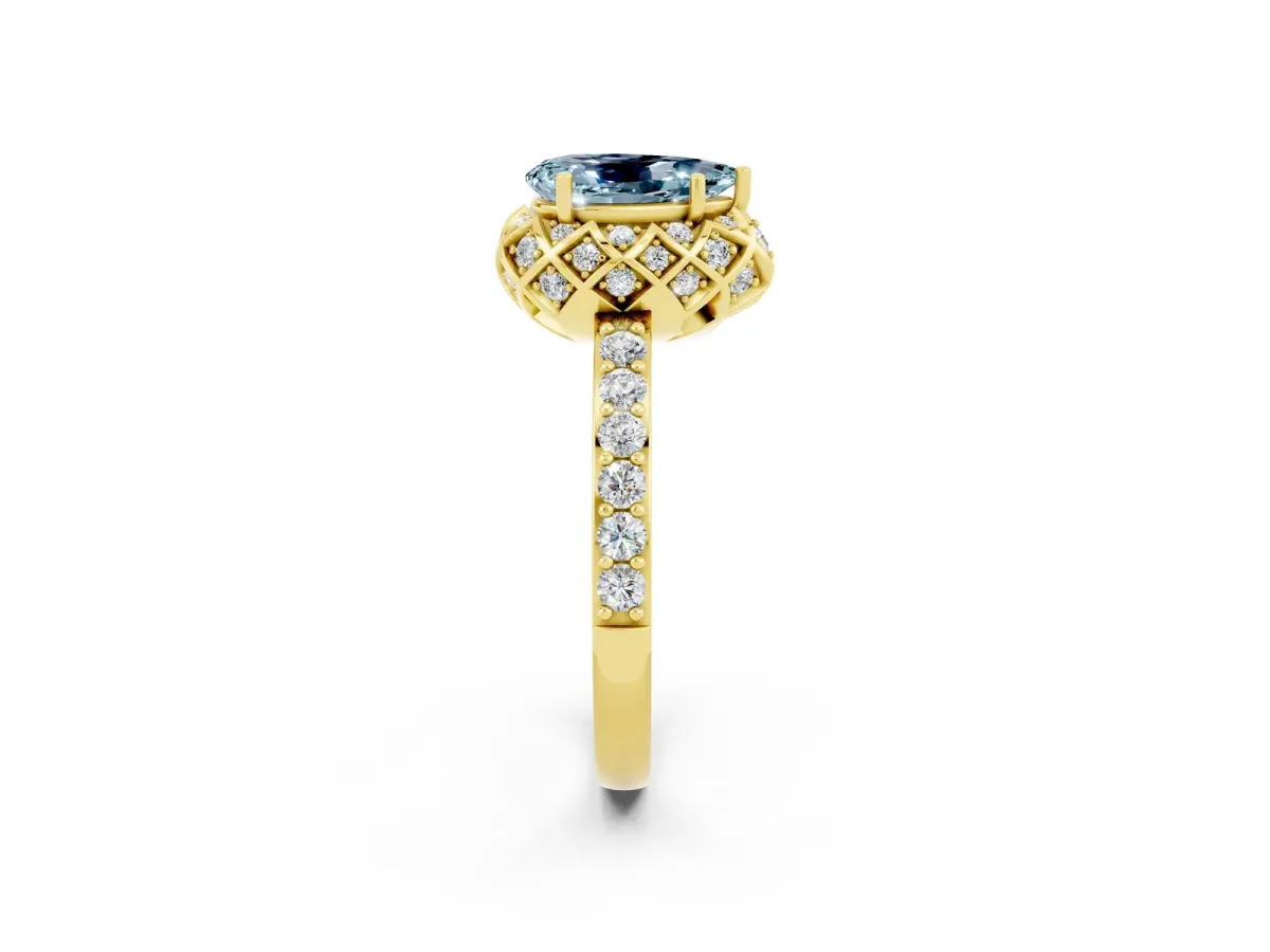 Pear Cut Aquamarine Scalloped Halo Engagement Ring with Round Shared Prong Band Yellow gold