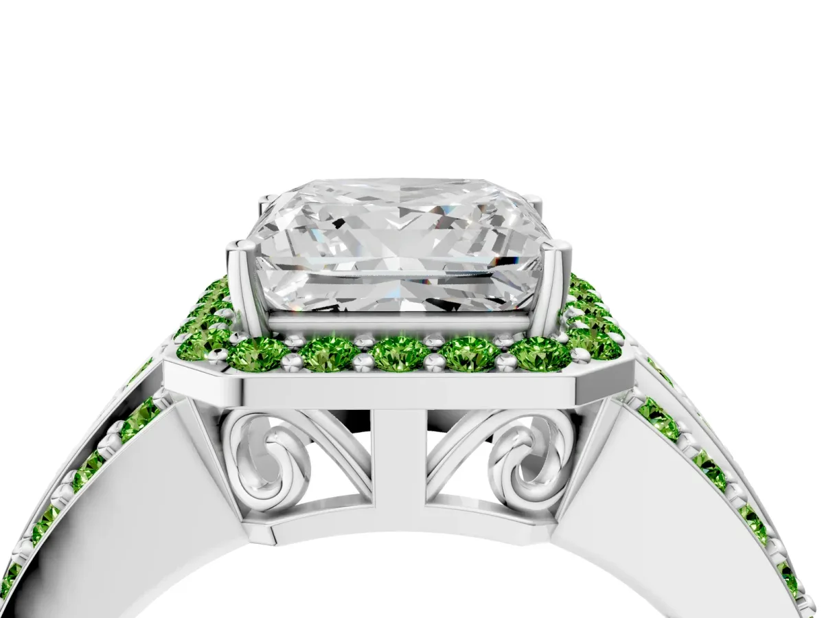 Princess Cut Halo Diamond Ring with Round Peridot Split Shank and Prong Setting White gold