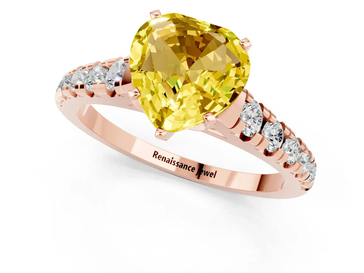 Heart Cut Yellow Sapphire Cathedral Solitaire Ring with Round Pavé Band Rose gold