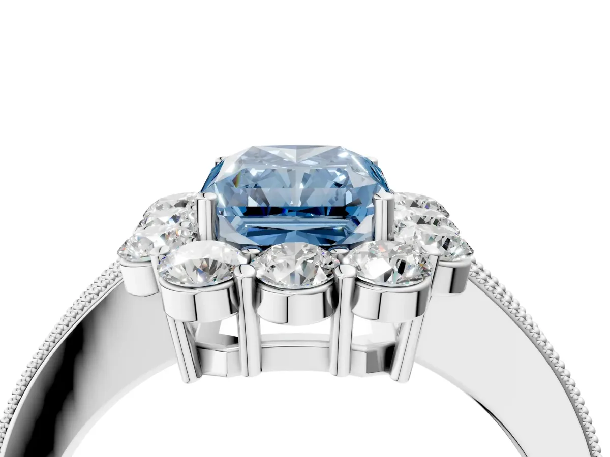 Fancy Blue Radiant Cut Cut Halo Diamond Pavé Engagement Ring with Milgrain Detailing Platinum